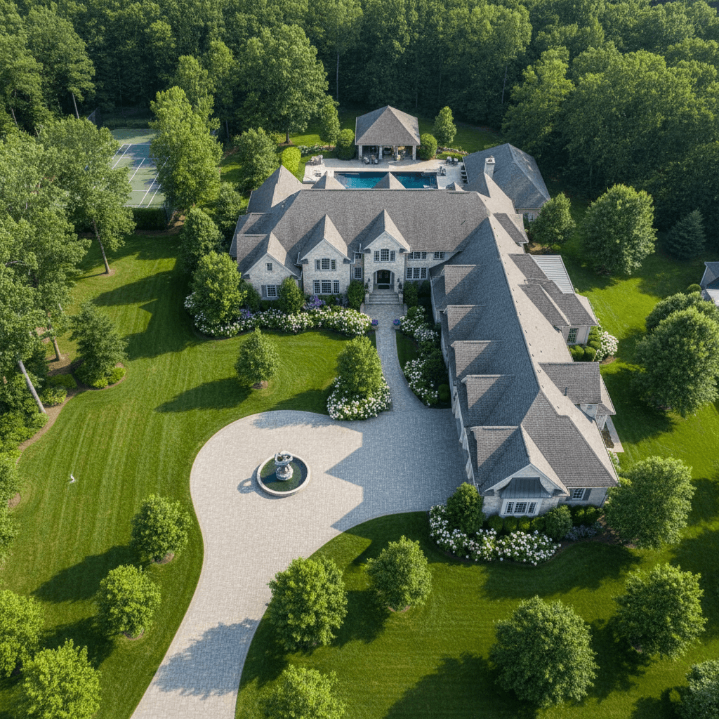 Professional drone aerial view of large residential home with manicured lawn and driveway