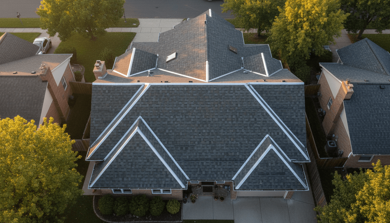 Aerial drone shot of a residential property showing the full home, roof, and surrounding landscape from above