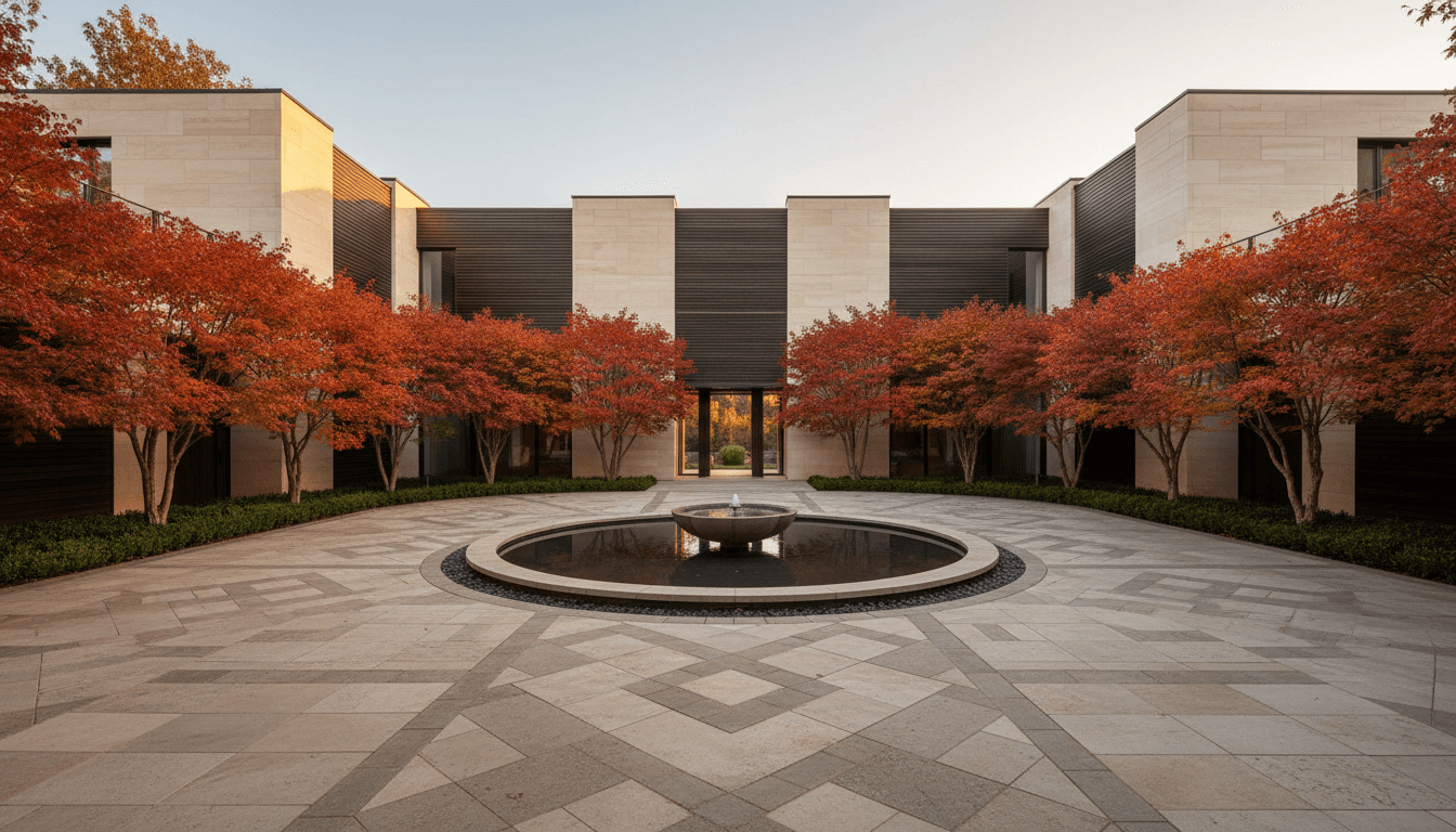 Aerial view of luxury home with landscaping